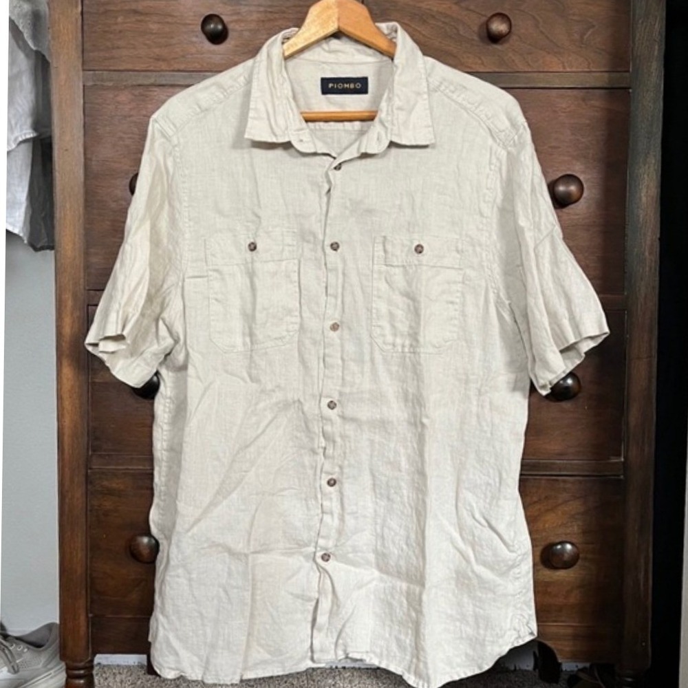 Piombo 100% Linen Short Sleeve Shirt Mens Large Beige